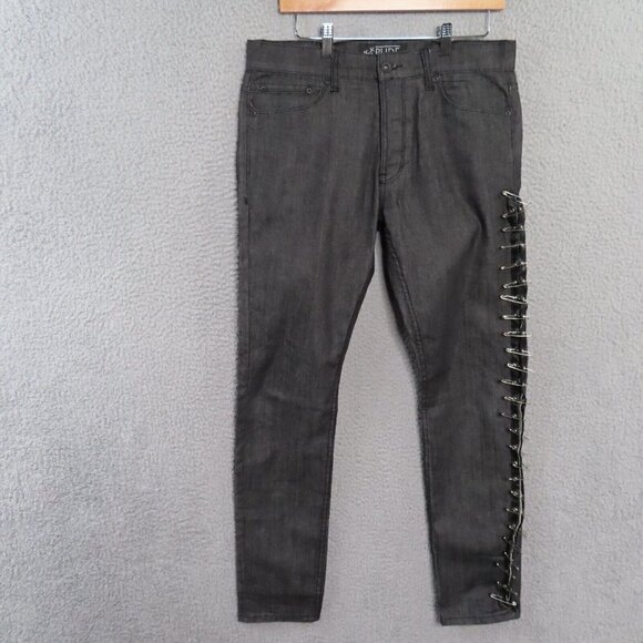 XXX Rude Jeans Hot Topic Men 30x32 Skinny Black Button Fly Metal Safety Pin Goth - Picture 1 of 14